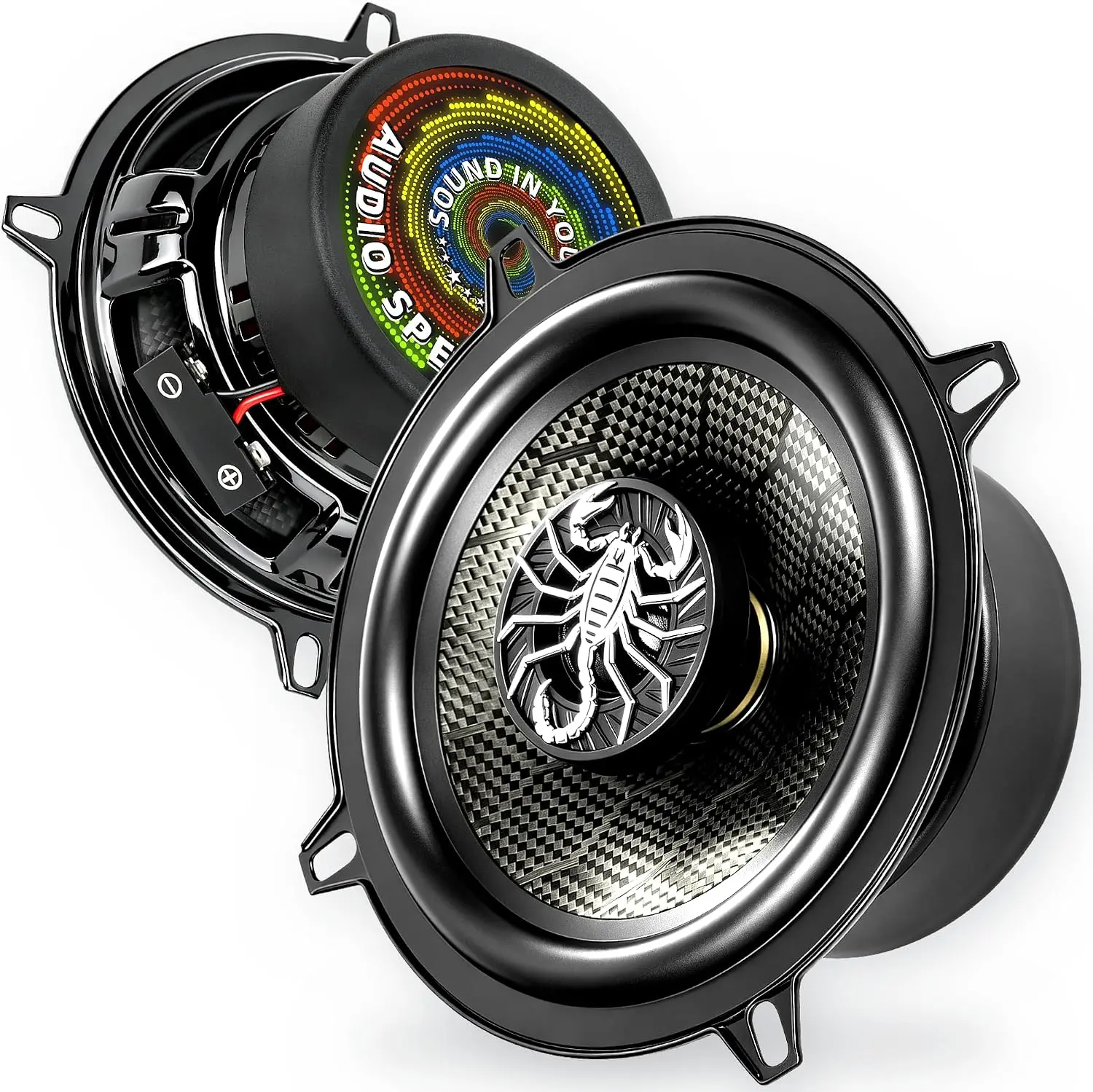 TANVSO CarbonForce 5.25 Speakers, 600W Peak 4 Ohm 5.25 Car Speakers, 5 1/4 Coaxial Speakers with Honeycomb-Weave Carbon Fiber Cone, N48 Tweeter for Door & Motorcycle Audio, 2 Pack