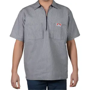 Ben Davis Menswear Striped Half-Zip Short-Sleeve Fitted Top - Navy, Medium Length, Poly-Cotton Blend Fabric, Casual Workwear, with Pockets