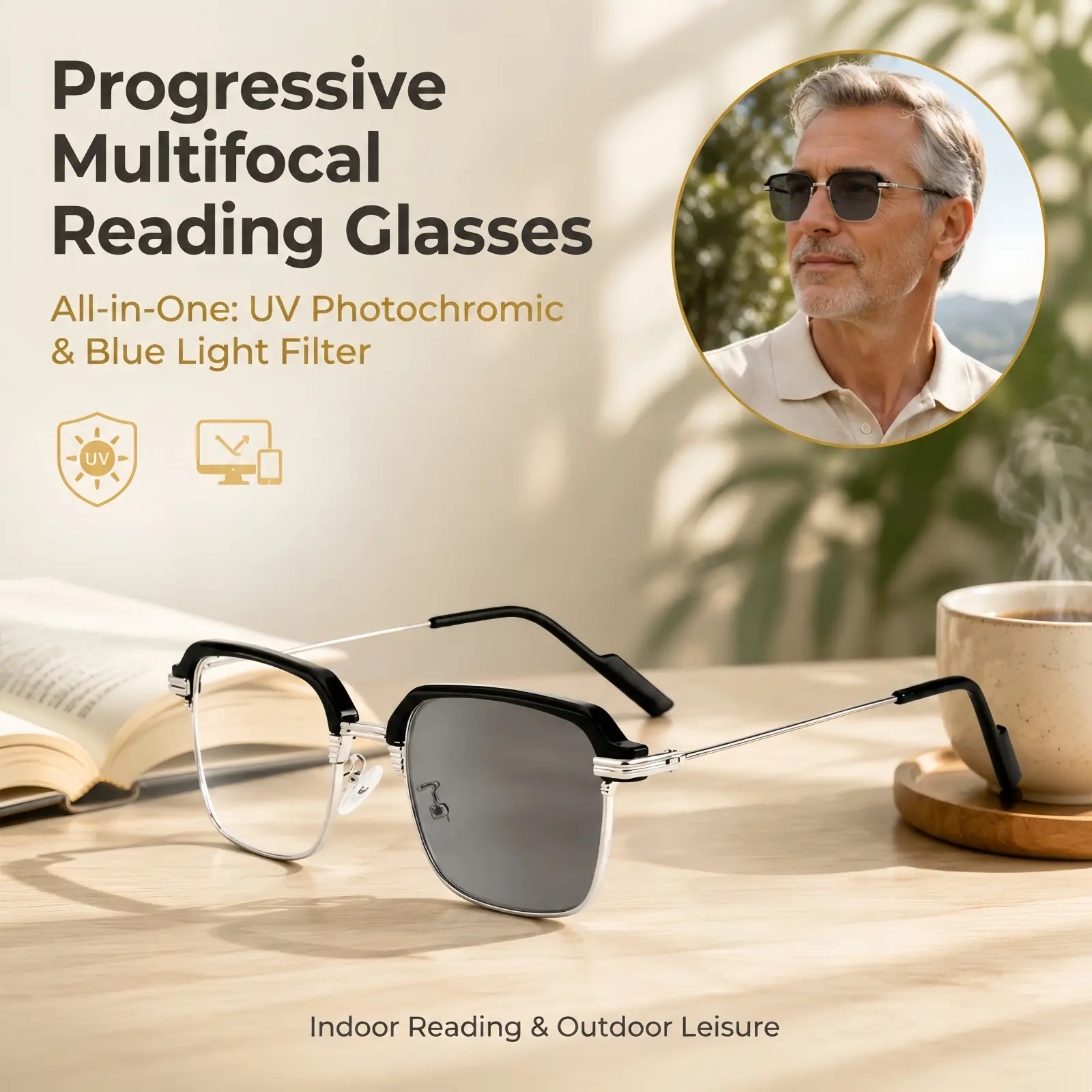 Photochromic Blue Light Blocking Reading Glasses, Lightweight Readers with UV Protection, Classic Frame for Indoor & Outdoor Use