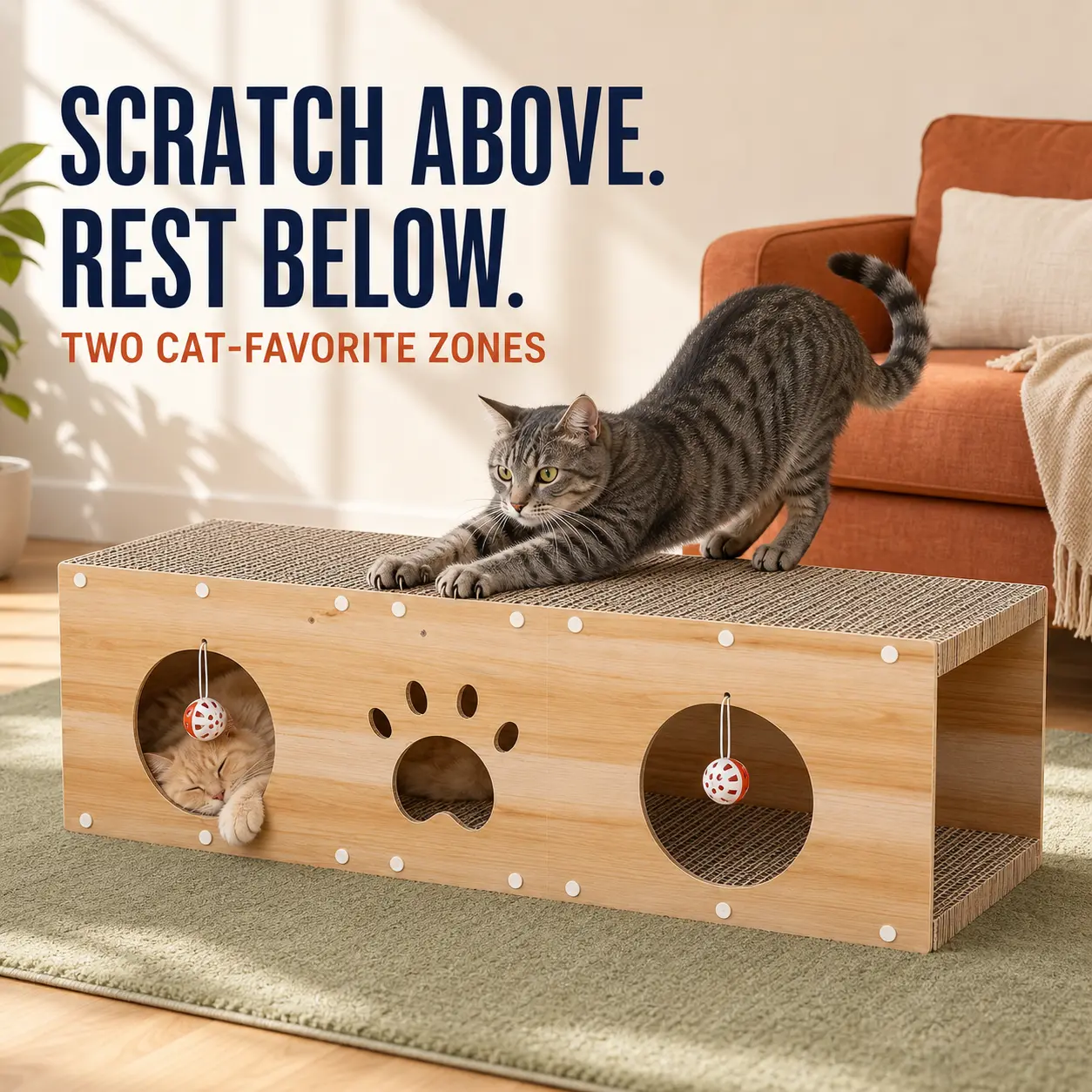 【Multi-Use】 IRONCK 39" Cat House, 5-in-1 Durable Wood Cat Furniture with Scratcher Board, Vertical Scratcher, Ball Toy & Pre-Cut Panels, Large Play-Rest Space Kitten Bed & Playhouse for Indoor Use