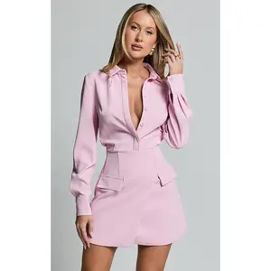 Wanda Mini Dress - Long Sleeve Faux Wrap Dress in Pink