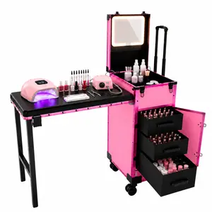 EasyinBeauty Rolling Makeup Train Case with LED Mirror, Portable Foldable Manicure Table with Drawers, Mobile Nail Desk & Cosmetic Trolley for Nail Techs, Pink