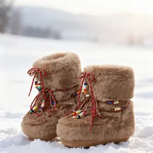 Furry Faux Fur Boots for Women Fuzzy Ankle Boots Winter Snow Colorful Laces Boots Fluffy Black White Brown Fur Non-Slip Boots- Lace-up Mid-Calf Water-Resistant Platform Boots Camel