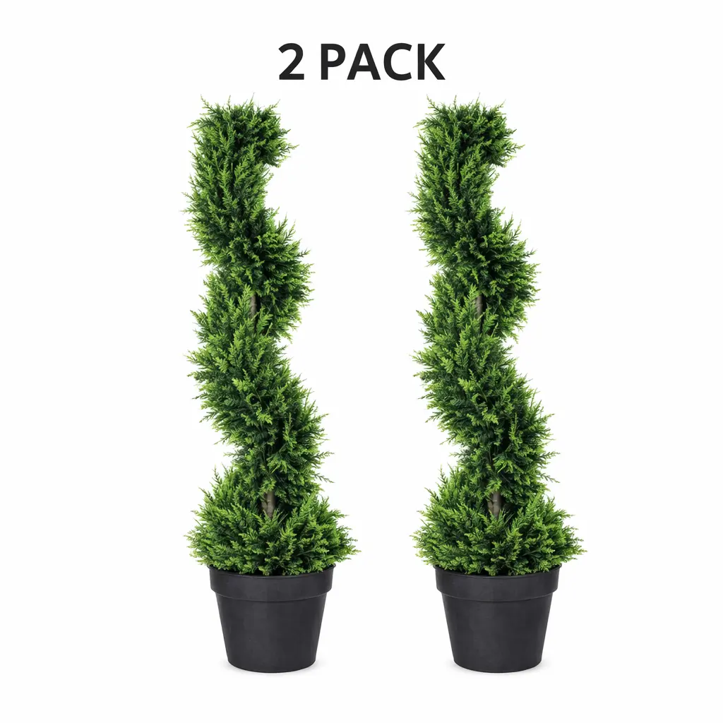 Set of 2 37 inchBoxwood Artificial Cedar Spiral Topiary Trees – Decorative Fake Greenery in Planter Pots Decoration