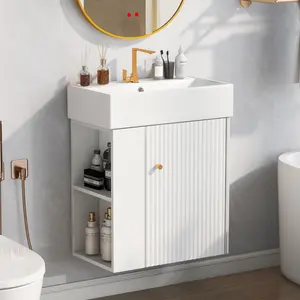 [Video]21.6inch Modern Floating Bathroom Vanity with Ceramic Basin - Perfect for Small Bathrooms, Left side storage   WL