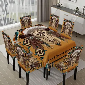 5/7-piece 2D Flat Printing Orange Background Indian Bull Skull Feathers Printing Pattern Tablecloth and Chair Cover Set, for dining table and chair decoration, perfect for home, holiday gatherings, restaurants, and parties.