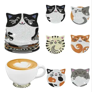 Cat Pattern Wooden Coaster, 6 Counts/set DIY Diamond Art Painting Coaster, Decorative Table Mat for Coffee Cup, Office, Kitchen and Restaurant, Diamond Painting Coasters