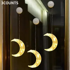 3 LED Moon Suction Cup Lights Window Decorations, Ramadan Festival Indoor Window Family Gathering Atmosphere, Home Decoration, Home Ornament