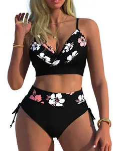 Women's Bikini Set Floral Print Shorts Two Pieces with Drawstring, Perfect for Beach Vacation Hot Spring Swimming Separated Swimsuit