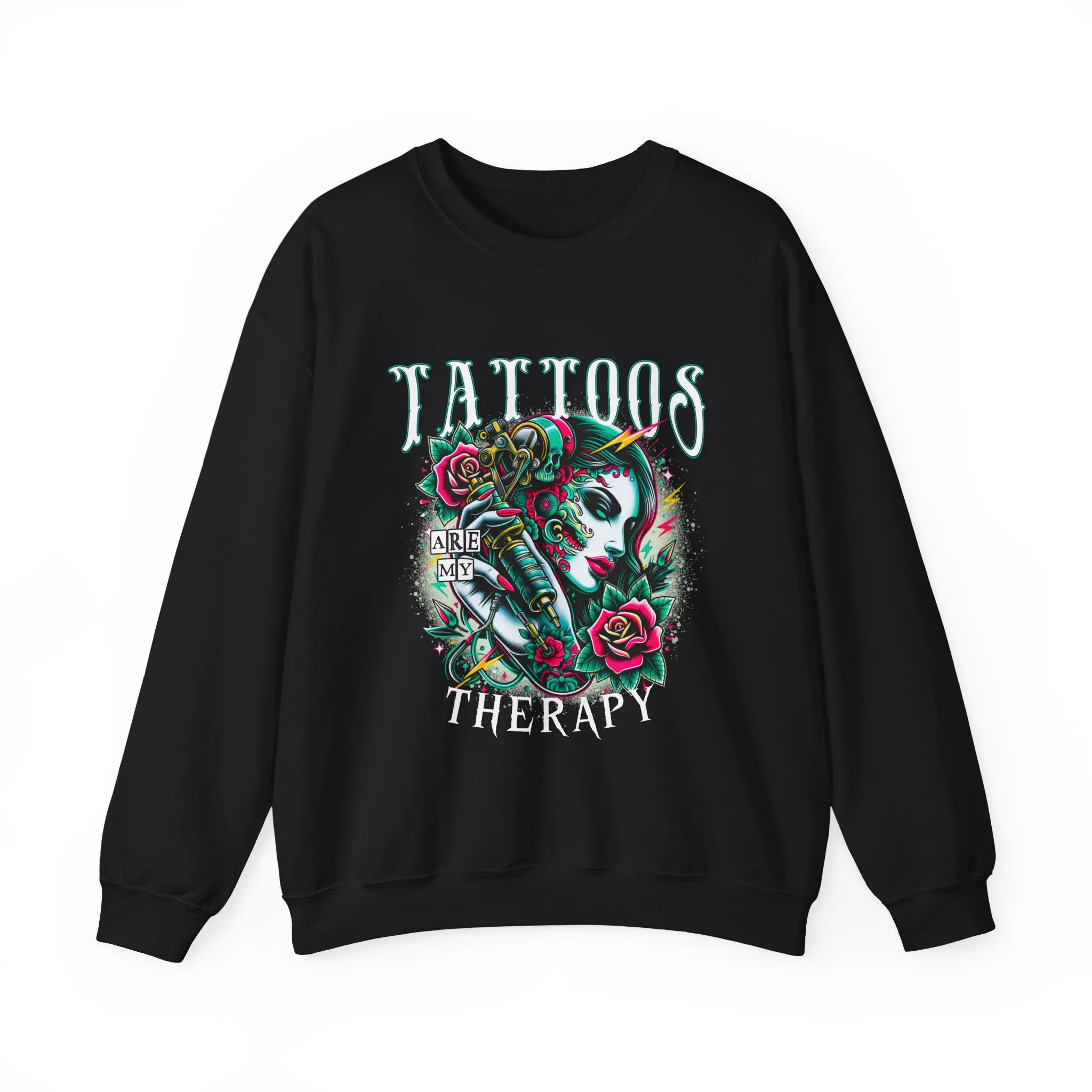 Tattoos Are My Therapy Unisex Cotton Crewneck Sweatshirt | Tattoo skull rose design Womenswear
