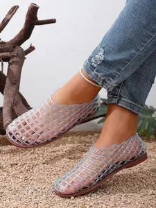 Women's One-Step Jelly Flat Sandals, Comfortable Walking Shoes, Elegant Lightweight Outdoor Beach Flats, Round Toe Summer Footwear, Casual Shoes