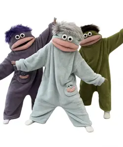 Unisex Long Sleeve Soft Plush Pajama Set with Wig & Comb, Big Eyes Big Mouth Costume, Comfortable Nightwear, Party Outfit for Sleepovers & Pranks