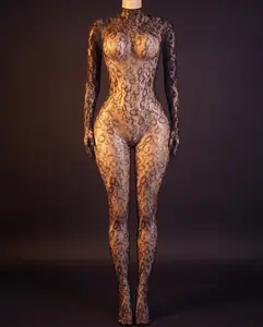 Supervaluechoice Deal For You Days Summer Women's Leopard Print Mesh Bodysuit,Slim Fit Themed Lingerie for Women Teddy sleeve round neck bodysuit long Sheer Floral Fishnet lacet eddy garter sexy intimates lingerae seductive lace private party outfit hot