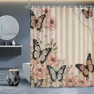 French Vintage Butterfly Floral Bathroom Set, Waterproof Shower Curtain Sets, Lace Texture, Rose Print, Includes Toilet Mat, Non-Slip Bath Rug