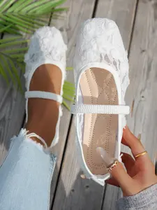 New Lace Floral Square Toe Mary Jane Shoes, Women's Casual Daily Wear Shoes Low Heel Single Shoe, Textile Upper, Rubber Sole, All Seasons, Stylish