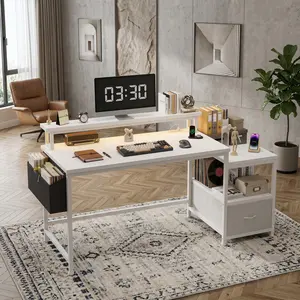 56.5" Computer Desk with File Drawers, Power Outlets, Shelves & Monitor Stand, Gaming & Home Office Work Table with Printer Space