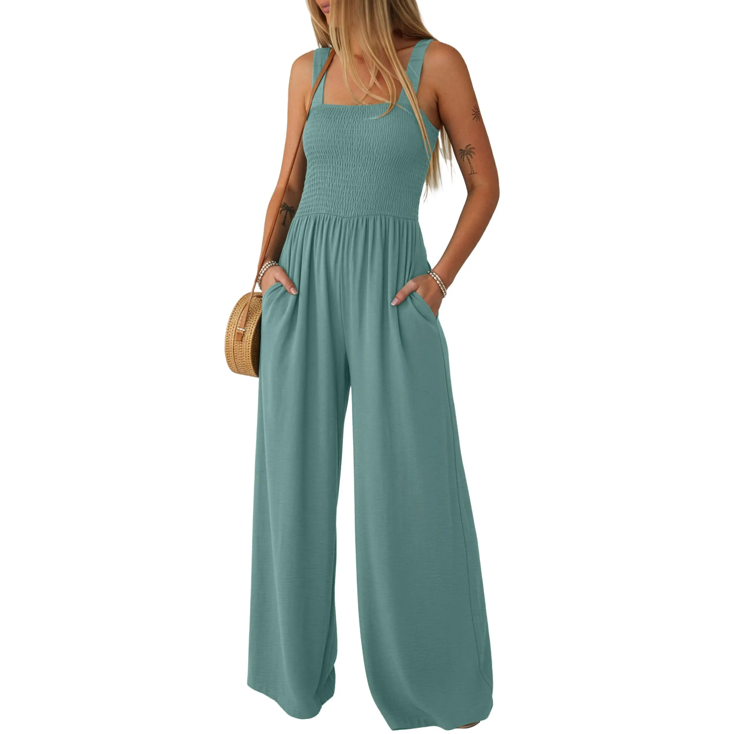 Lepunuo Jumpsuits for Women Casual One Piece Overalls Smocked Wide Leg Long Rompers With Pockets Beach Vacation