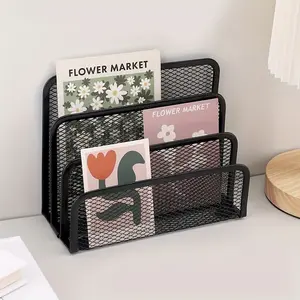 Three-Tier Metal Mesh Desktop Organizer, Vertical Divider Desk Folder, Storage Rack for Mail, Paper, Envelopes, Bills, Magazines, Home Compact Storage Shelf