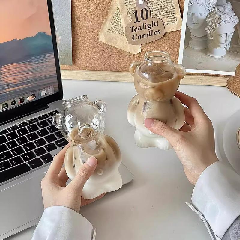 Bear Cup Coffee Glass Set (1 Bear Cup + 1 Straw), Creative Cartoon Glass Water Bottle, Juice Cup with Straw, Stylish and Practical