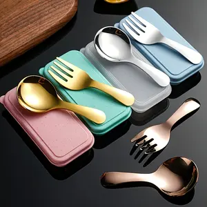 Portable Fork and Spoon Set with Box, Round Head Gold Cutlery Set Utensils for Parties, Travel, Picnics, Ice Cream, Cake, Fruits, Dinnerware Service Set