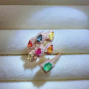 <PingEast Jewerly>Multi-Gemstone Ring--925 Rose Gold Silver Multi-Gemstone Ring | 6 Sapphires + 0.75ct Emerald