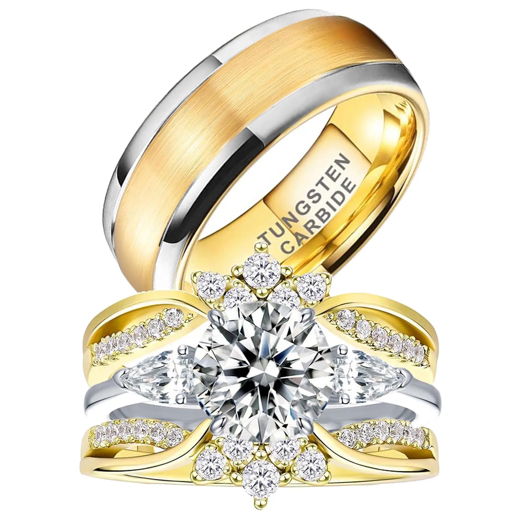 VOWSERING Unisex 1.5CT Round Cut 5A Grade CZ Ring Stack, Yellow Gold-Plated Tungsten Metal Matching Pair Bridal Couple Rings, Hypoallergenic Tarnish-Resistant Gift-Ready, Wedding Ring Sets