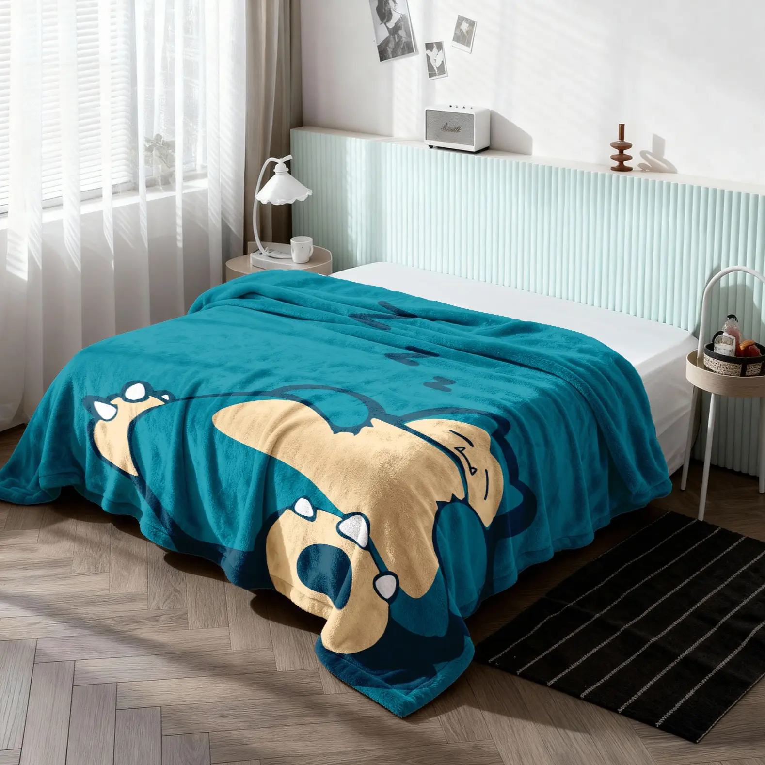 Snorlax Sleeping Flannel Blanket, Cute Lazy Cartoon Character Throw, Cartoon Printed Blanket, Cozy Night Design, Soft Plush Fleece, Perfect for Sofa, Bed, Anime Fans Gift, Graphic Throw Blanket, Cozy Blankets