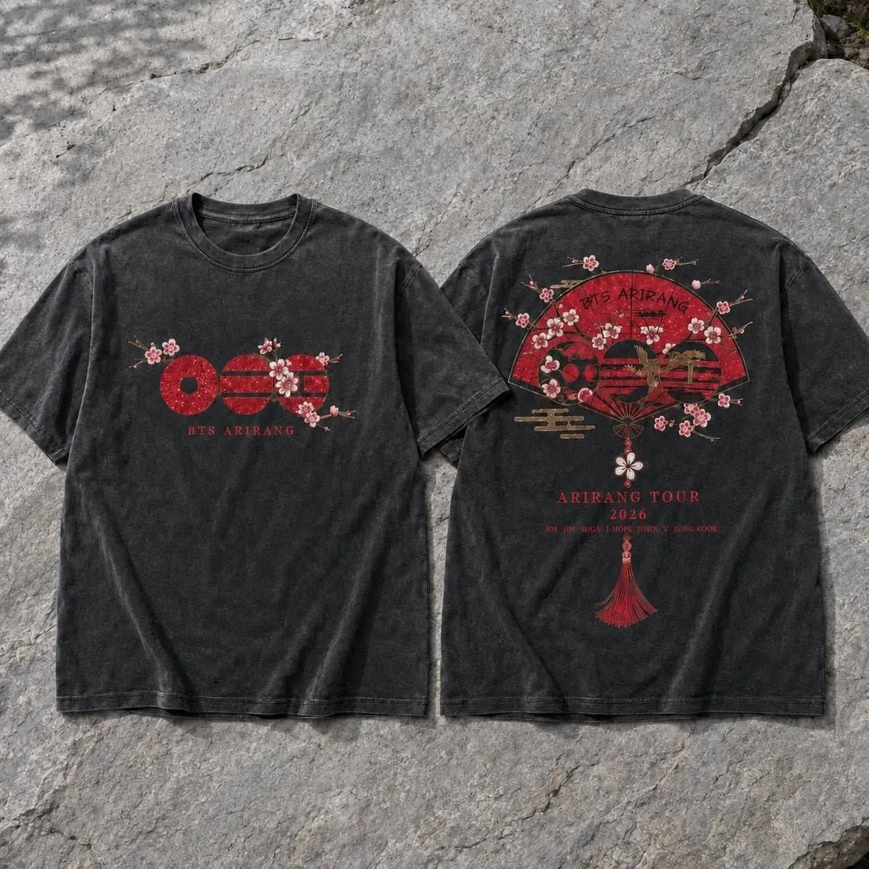 Arirang Korean Folding Fan Shirt, Two Sided Cherry Blossom Tour 2026 Tee, Red Black Kpop Concert Outfit, Fan Gift