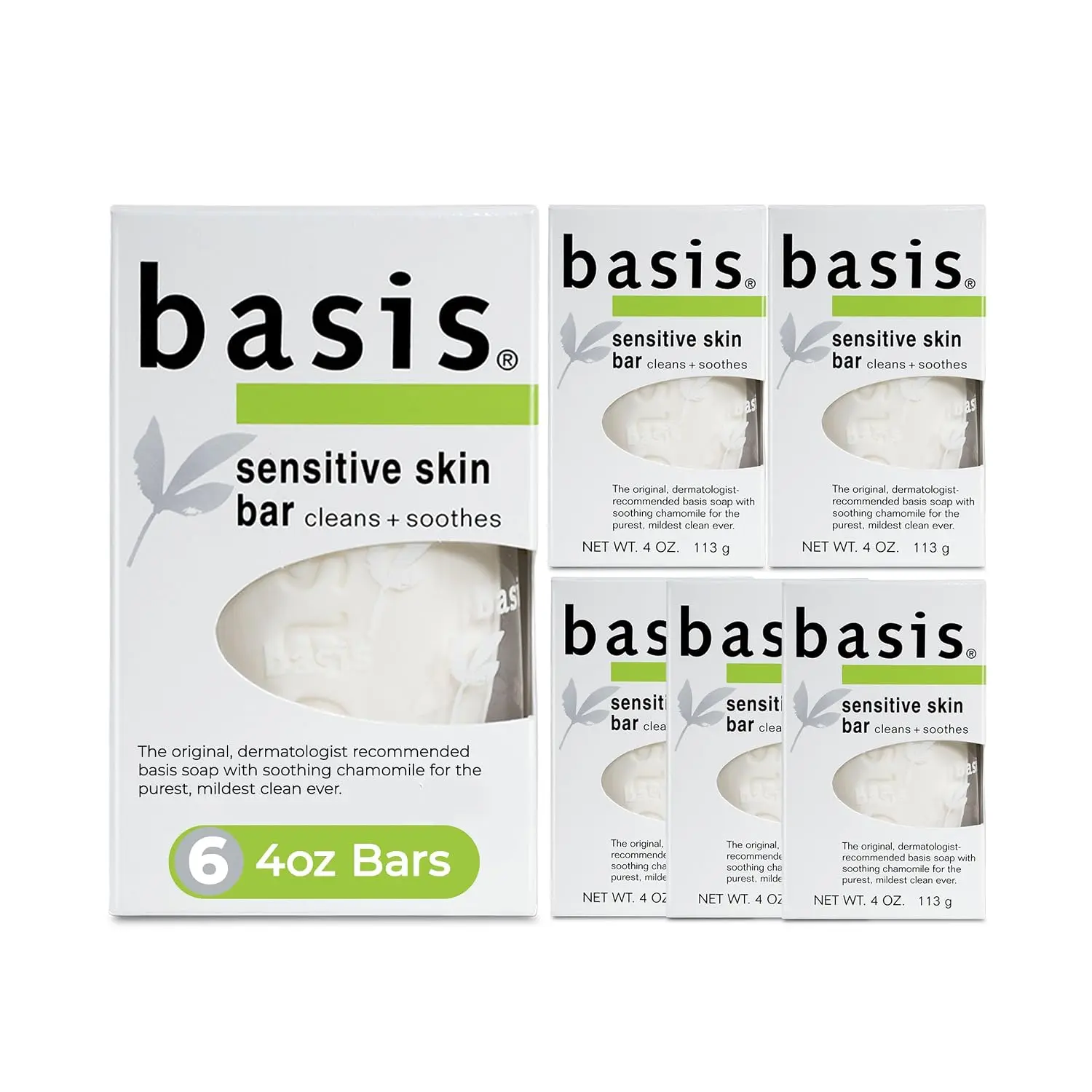 Basis Sensitive Skin Bar Soap for Body, Hands and Face, Unscented Soap Bar for Sensitive Skin with Chamomile and Aloe Vera, Bar Soap Bulk Pack, 4 Oz Bar, Pack of 6