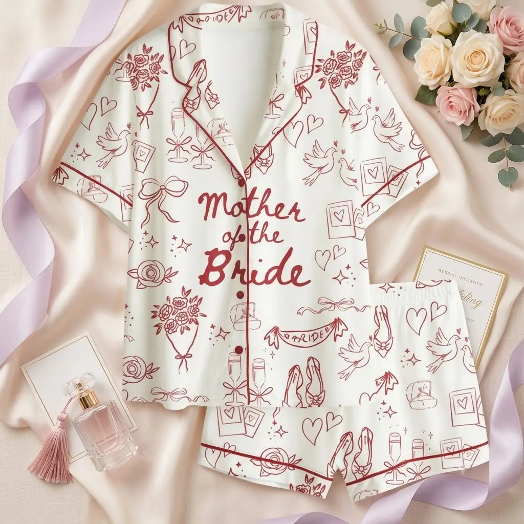Mother of the Bride Pajama Set White Burgundy Red Wedding Doodle Print PJs Short Sleeve Button Down Shirt Shorts Sleepwear Wedding Morning Getting Ready Gift for Mom Bridal Party Loungewear Soft Cozy Matching Pyjamas Trendy