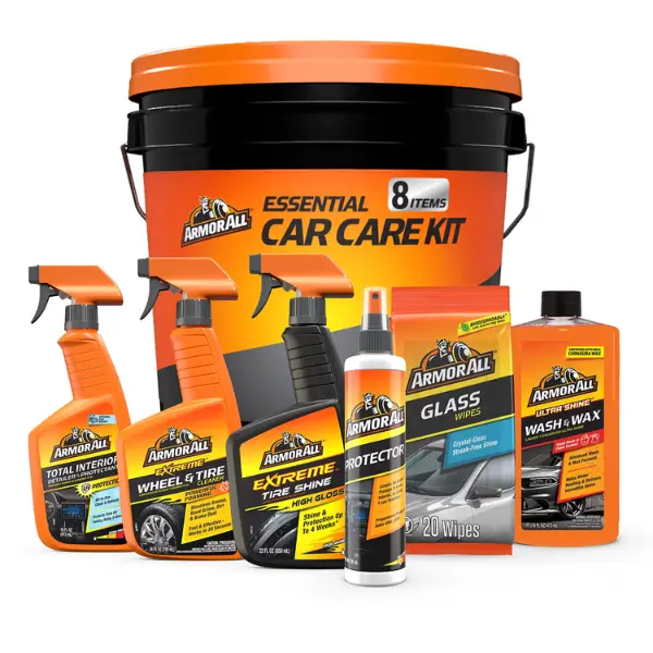 Armor All 8-Piece Cleaning Kit for Vehicle Detailing & Maintenance, Car Wash Bucket Set with Glass Wipes, Interior Detailer, Wash & Wax, Tire Cleaner & Protectant