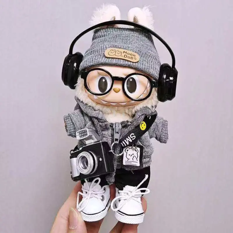 Labubu Doll Clothes Set 7PCS – Fashion Hat, Glasses, Hoodie, Headphones, Shoes & Camera Accessories (Labubu Not Included)
