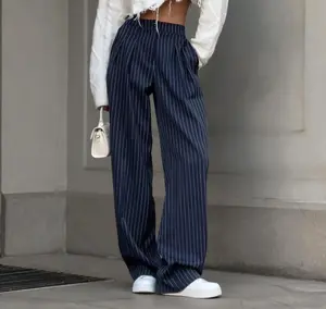 High Waist Straight Wide Leg Pants New Navy Blue Striped Fashionable Casual Trousers