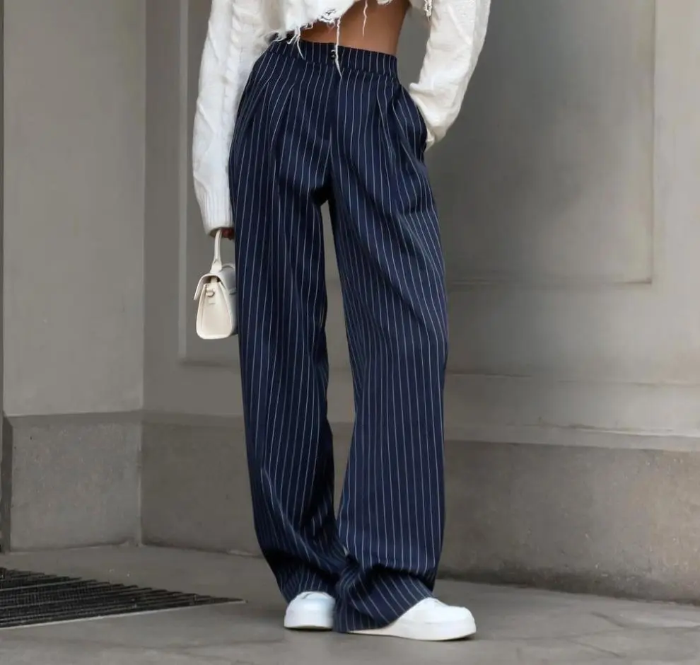 Women's High-Waist Striped Casual Polyester Bottoms - Loose-Cut Straight Wide-Leg Pants with Free Movement, Navy Blue, for All-Seasons Wear