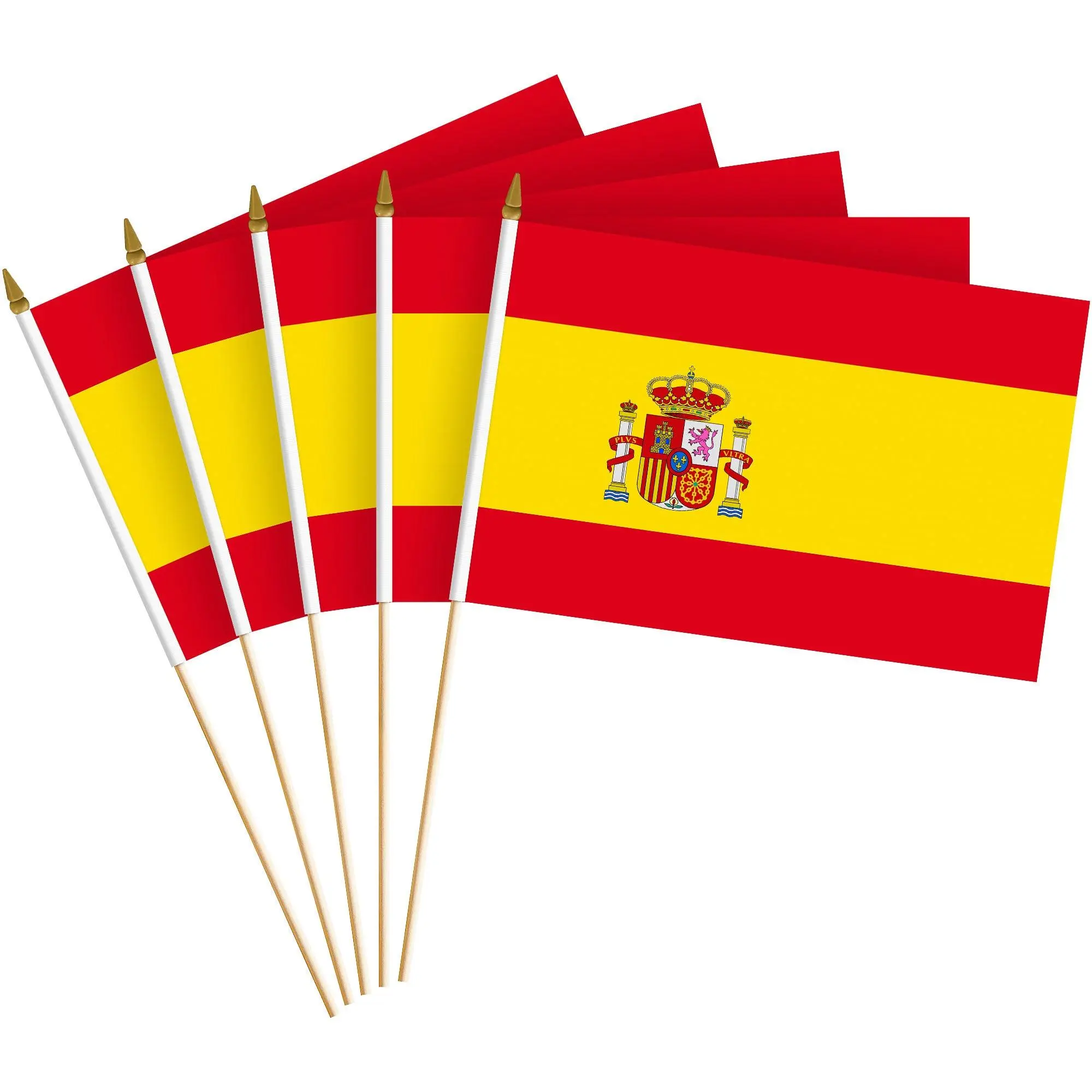G128 12 Pack Handheld Spain Spanish Stick Flags | 8x12 In | Printed 150D Polyester, Country Flag, Solid Wooden Stick, Spear Gold Tip