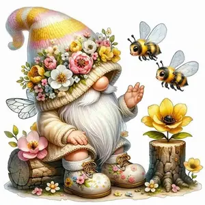 Cute Floral Garden Gnome with Bees Diamond Painting Kit, 5D Full Drill Round & Square Rhinestone Cross Stitch, Whimsical Spring Gnome with Flowers & Bees, Cozy Pastel Art, DIY Wall Decor for Nature Lovers, Bee & Gnome Themed Craft Gift, DIY Craft Supplies