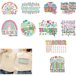 20pcs Flowers Teachers DTF Transfers Heat Transfer Decals for Clothings Grow Books Iron on T-Shirts Apples Art Decorations for Fabric DIY Handmade Crafts Bags