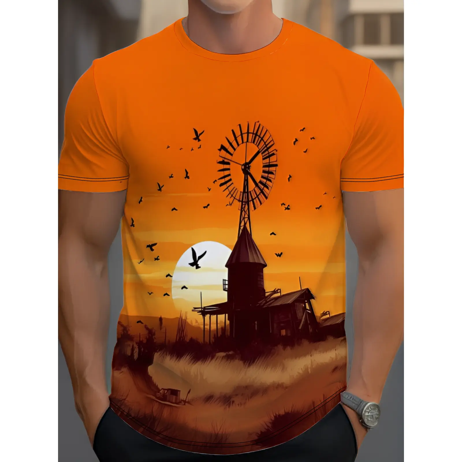 Sunset Scenery Men'S Full-Print T-Shirt 3D Digital Pattern Round Neck Short Sleeve T-Shirt
