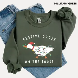 Festive Goose On The Loose Christmas Sweatshirt, Funny Goose Holiday Sweatshirt, Cute Xmas Duck Shirt, Silly Goose Gift