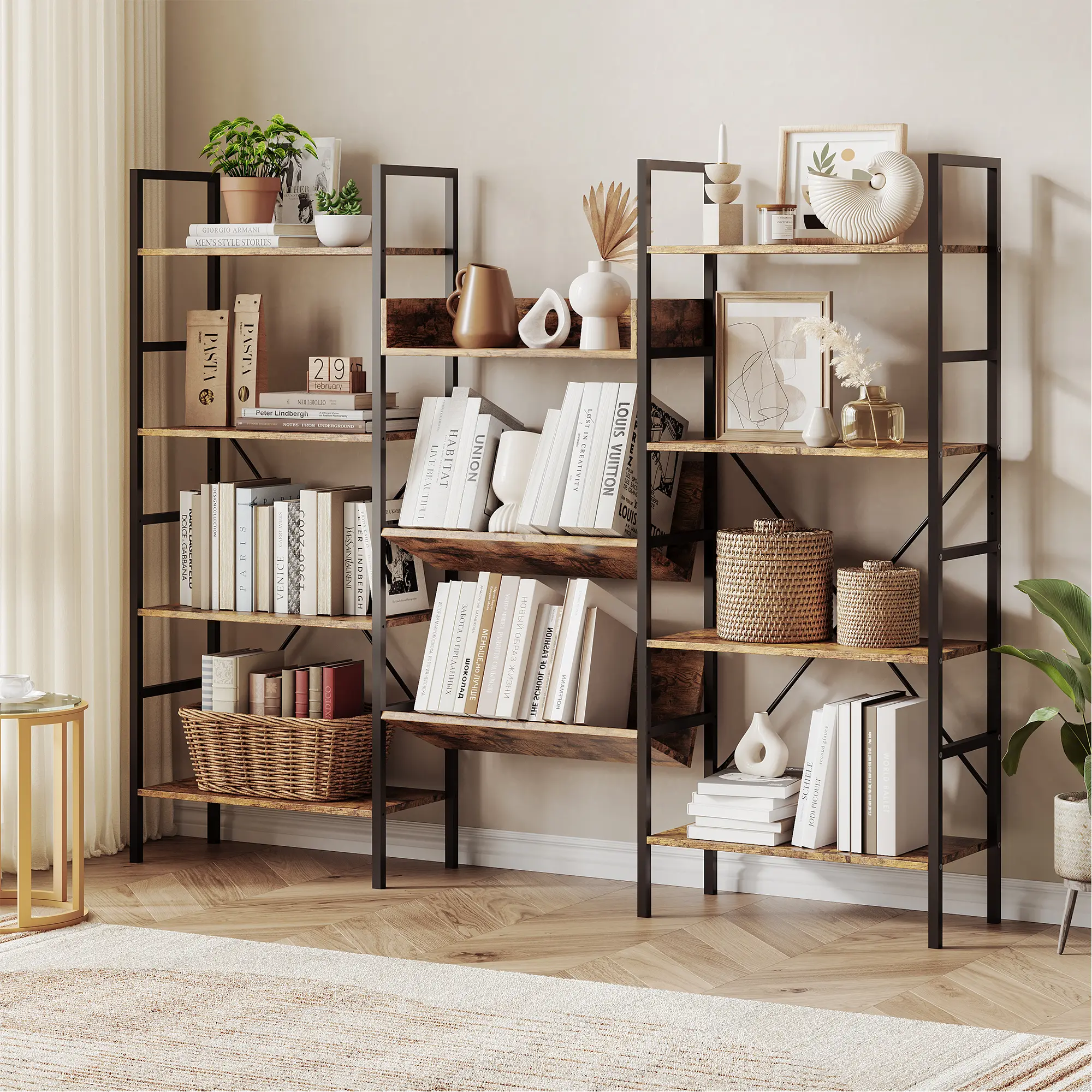 Triple Wide 4-Tier Sturdy Industrial Bookshelf Book Rack - 11 Open Display Shelves, Heavy Duty Metal Frame, Adjustable Shelves - Matte Black Contemporary Rustic Home Decor Storage for Home Office, Living Room