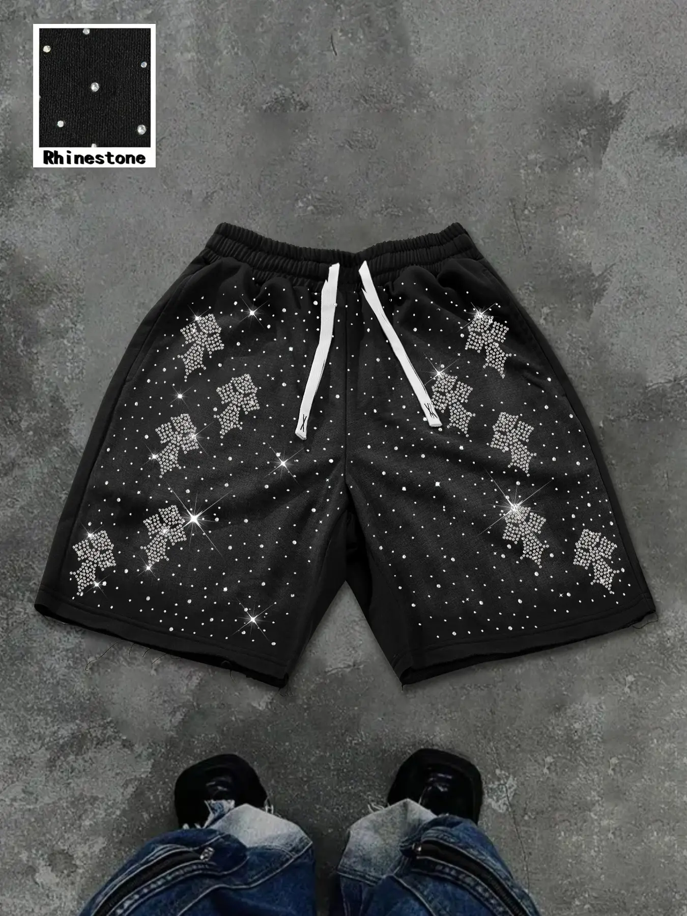 Men's Summer Rhinestone Print Shorts, Athleisure Street Shorts, Punk Y2K Street Style, Drawstring Pockets, Loose Fit, Casual Daily Wear, Hip-Hop Fashion, Breathable Loose Shorts