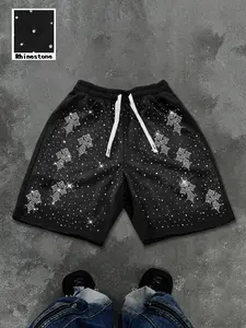 Men's Summer Rhinestone Shorts, Punk Y2K Street Style, Drawstring Pockets, Loose Fit, Casual Daily Wear, Hip-Hop Fashion