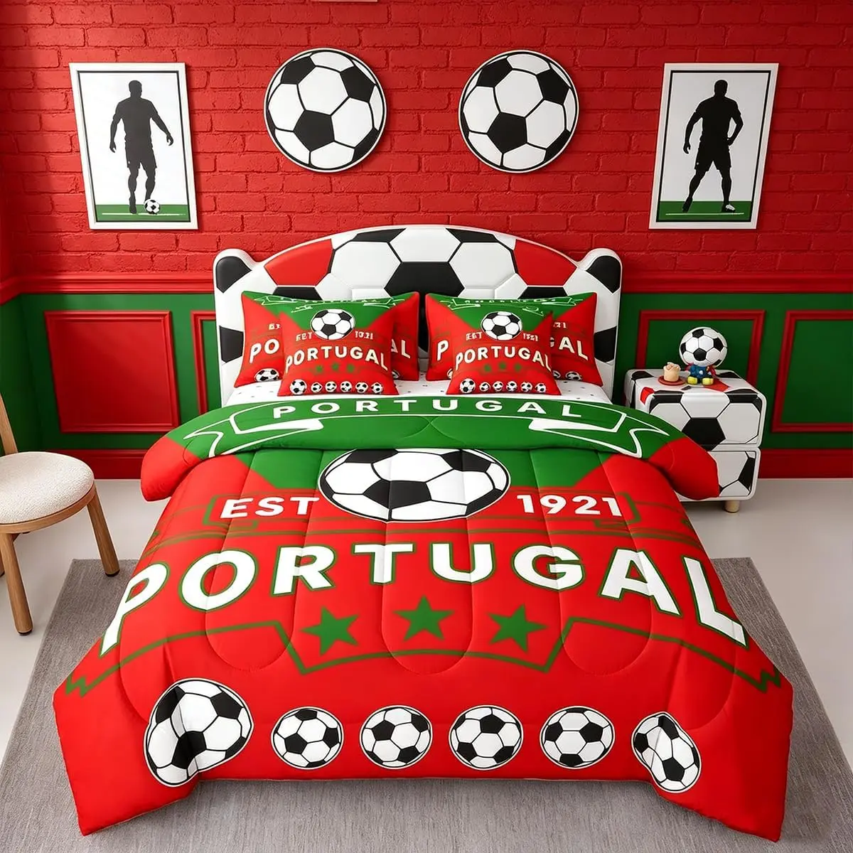 Football Sport 7 Piece Bedding Set Soccer Theme for Kids Boys Comforter Set with Sheets Portugal Football Teens Bed in a Bag Red Green Bed Set