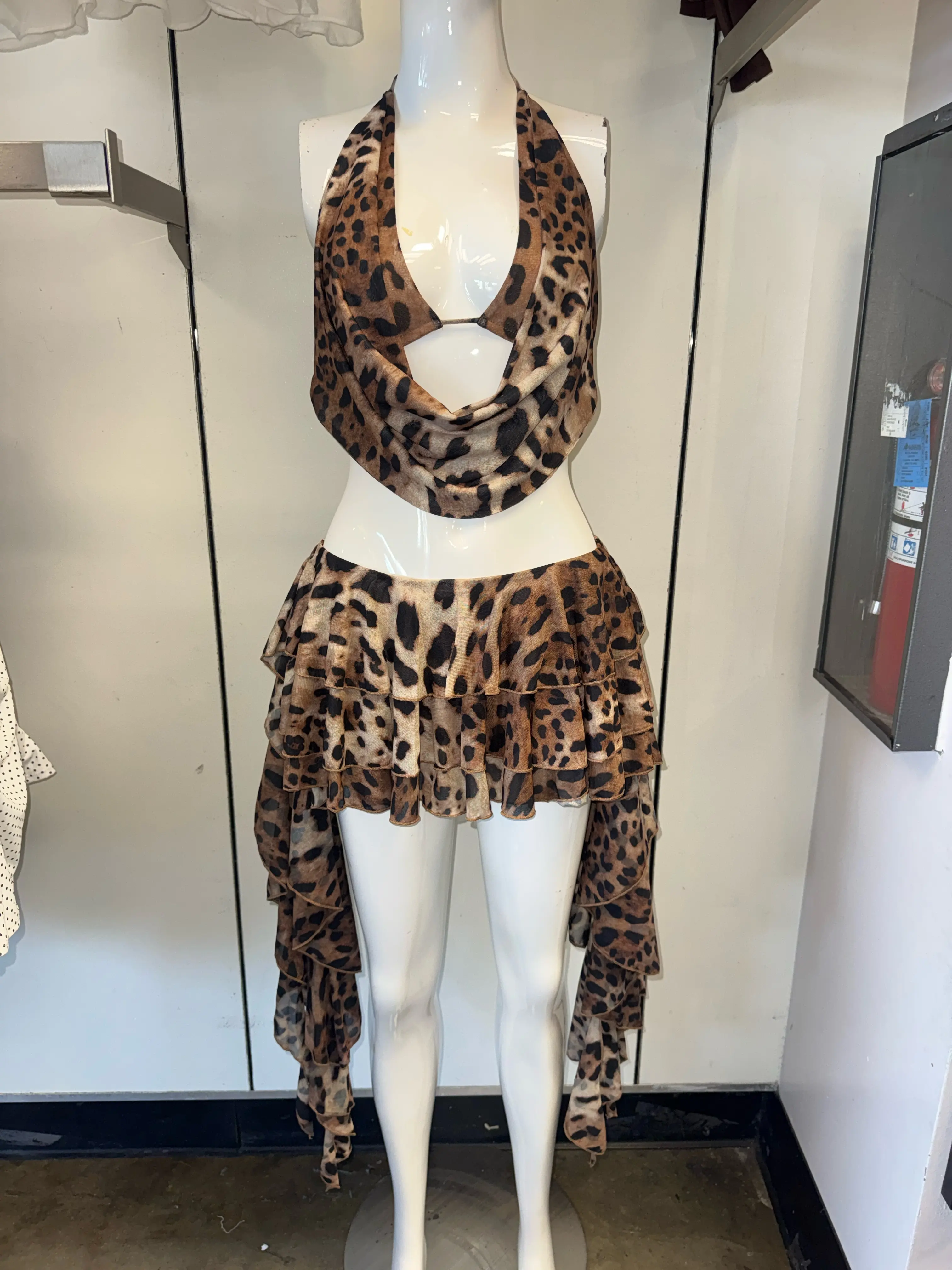 Women's Leopard Print 2 Piece Skirt Set | Strapless Tube Top & Ruffle Mini Skirt Set