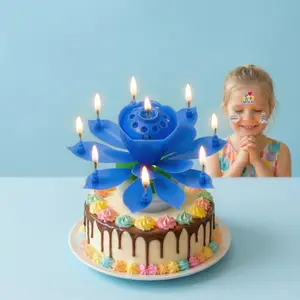 Blue floral birthday cake candle with music and automatic blooming—ideal for birthday parties and weddings