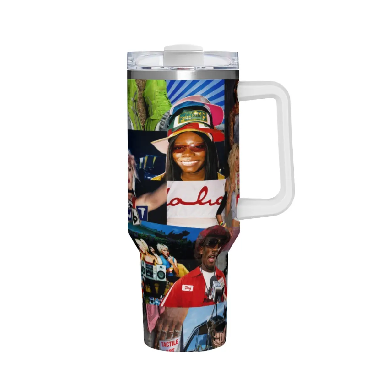 Y2K Hip Hop Aesthetic Tumbler with Vintage Photo Collage and Neon Snapshot Print, Insulated Travel Mug for Iced Coffee and Everyday Style