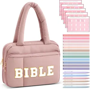 Christmas Gift Large Bible Bag with Handles 11.8 x 8.6 x 2.4 inches Pink Chenille Letter Bible Carrying Case for Women Large Capacity Soft Puffy Tote Bag Aesthetic Study Supplies Kit Gift for Christian Girls, Elegant Bible journaling Kit