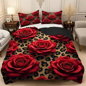 2/3 Pcs Red Rose Leopard Print Background Duvet Cover Set,High-Definition Digital Printed Bedding Set(1* Duvet Cover+1/2* Pillowcase,No Filling)100% Polyester Fiber Soft,Breathable Bedroom,Guest Room Decoration,Machine Washable,Perfect Holiday Gift