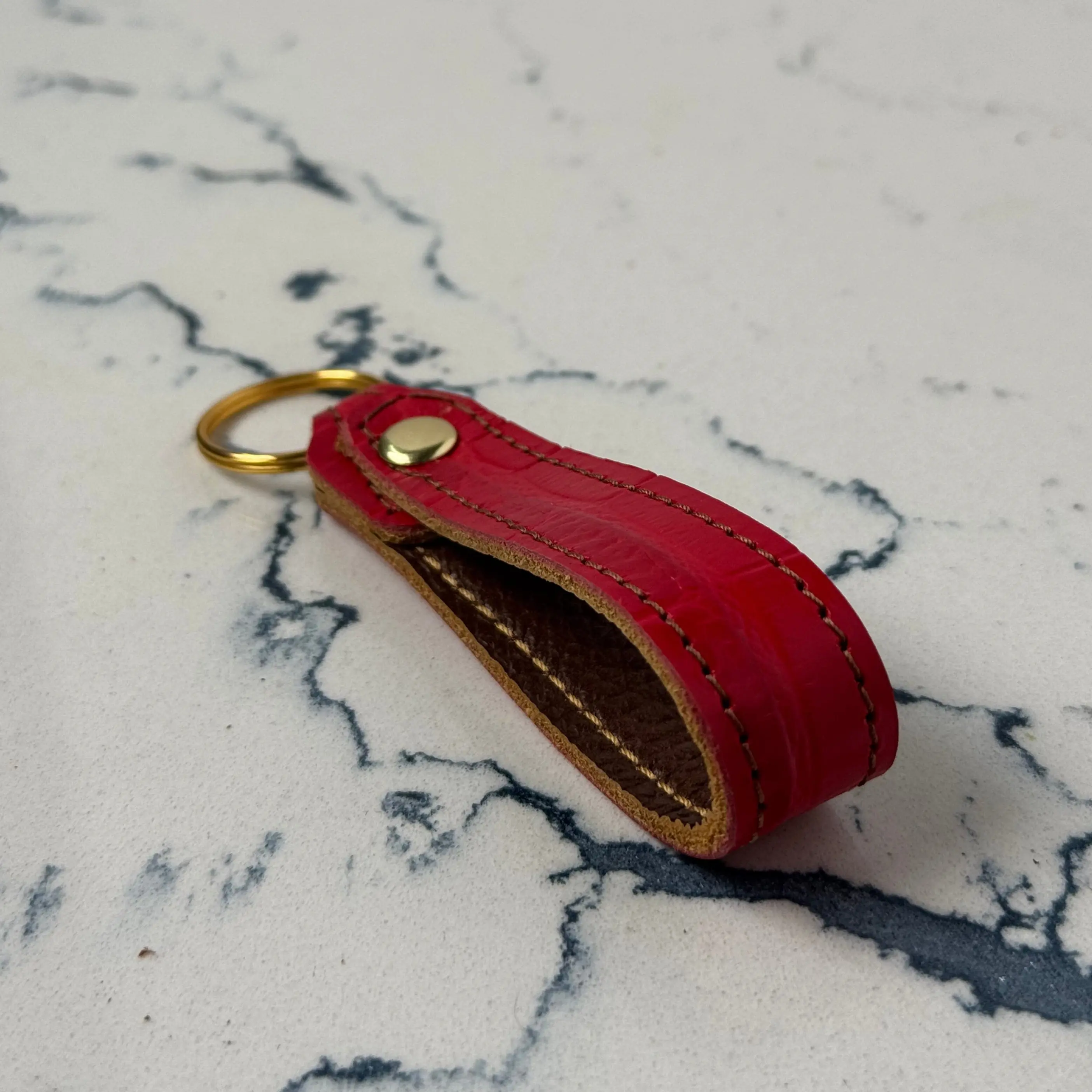 Red Genuine Crocodile Embossed Premium Leather Keychain with Brass Hardware