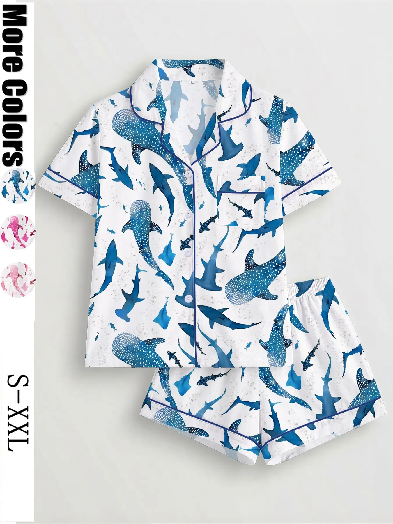 Women's Shark Print Pajama Set, Short Sleeve Button-Up Top and Elastic Shorts, Casual All-Season Sleepwear, Comfortable Home Wear, Homewear, Loungewear, Pyjamas, Pjs